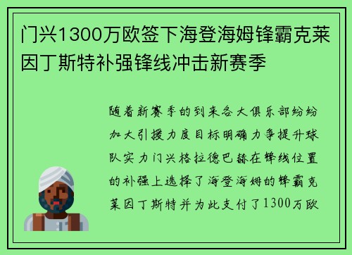 门兴1300万欧签下海登海姆锋霸克莱因丁斯特补强锋线冲击新赛季